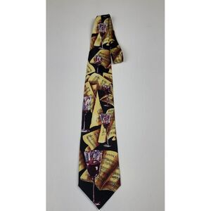 Beans McGee Glass of Wine & Music Neck Tie. Vtg 100% Silk Made In USA. Black Tan
